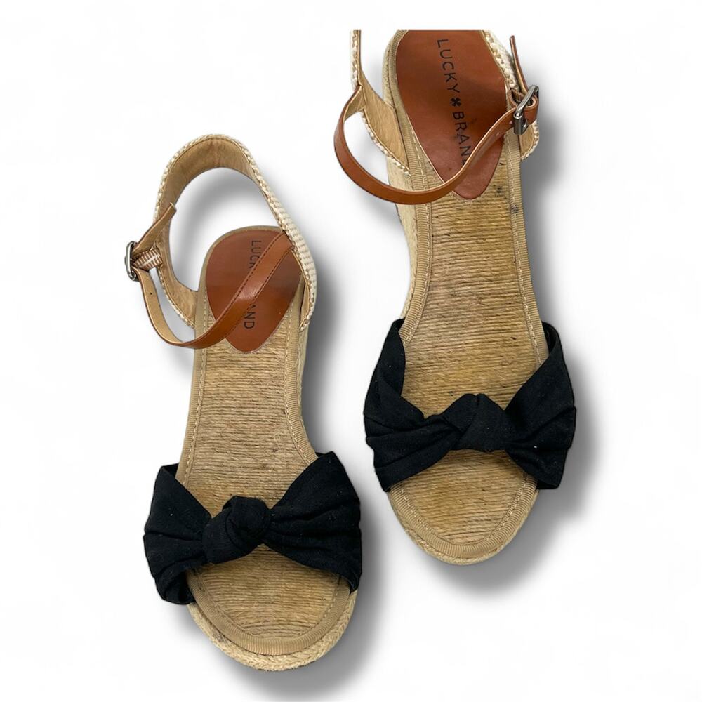 LUCKY BRAND Black Canvas & Jute Open Toe Wedges 9 Coastal Boho Neutral Twee